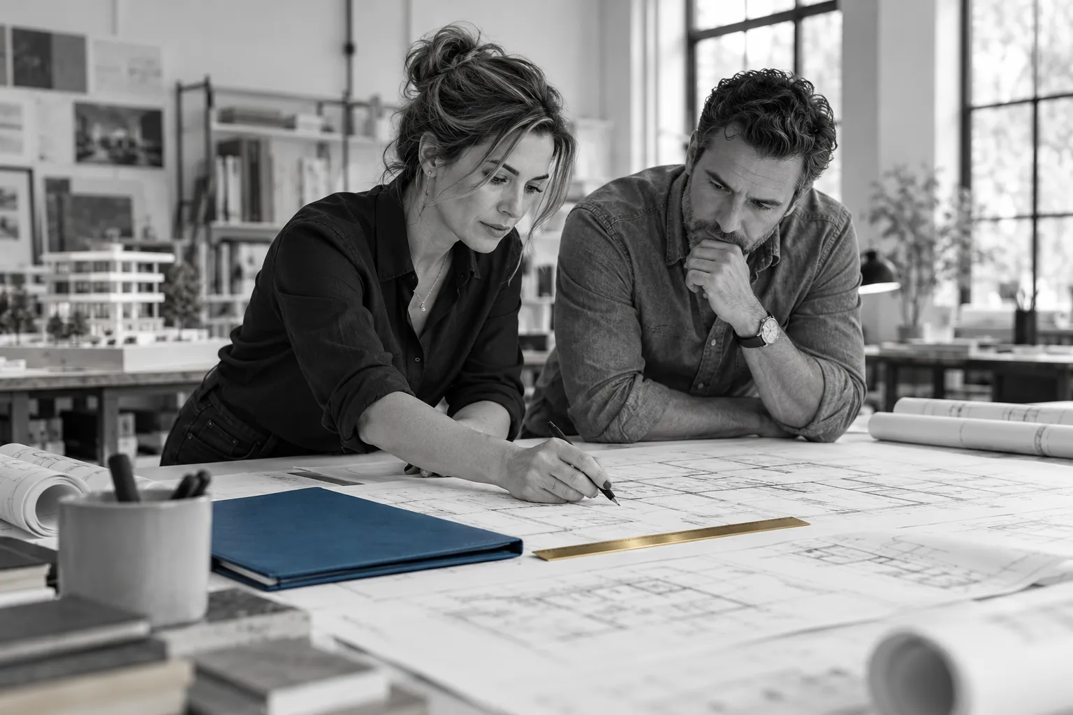 Contracting and design business owners reviewing project plans together