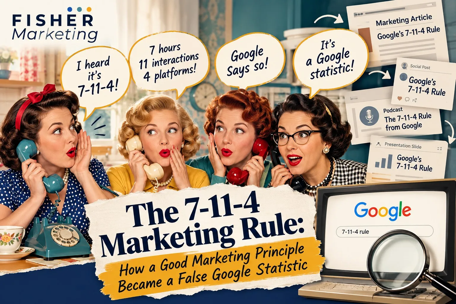 Fisher Marketing illustration of four women on telephones passing along the 7-11-4 marketing rule, with articles, social posts, podcasts and slides repeating its disputed Google attribution