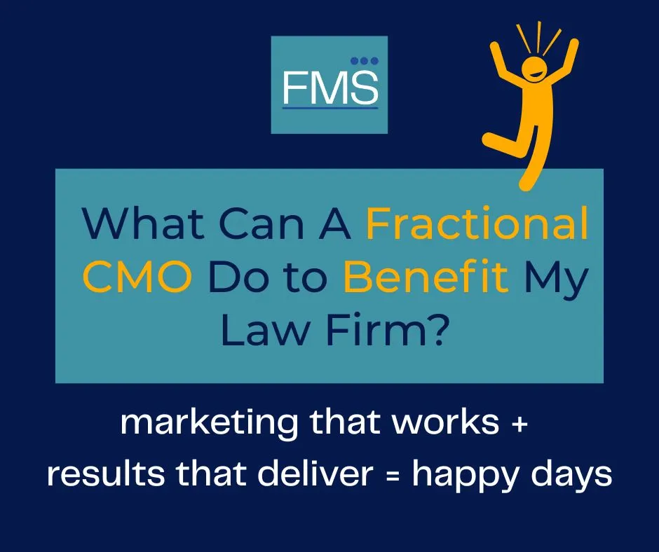 Blue background with "FMS" logo, text: "What Can A Fractional CMO Do to Benefit My Law Firm?" and "marketing that works = happy days." Yellow figure jumps.