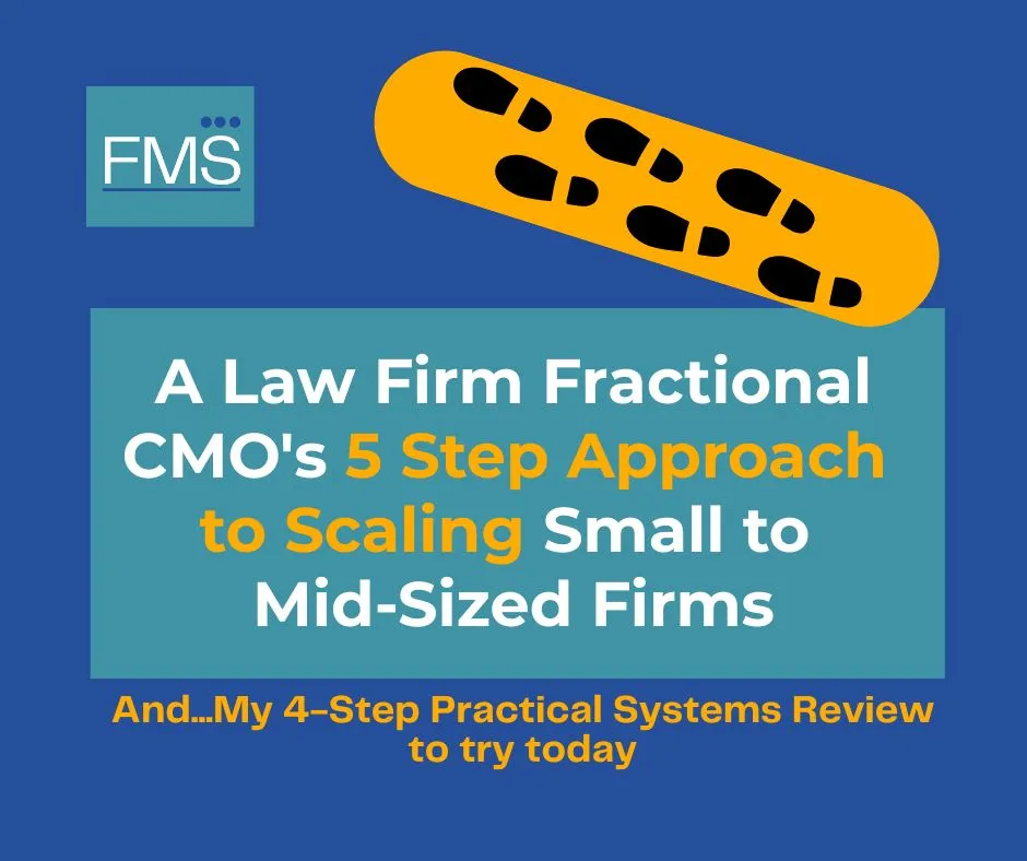 Blue background with text: "A Law Firm Fractional CMO's 5 Step Approach to Scaling Small to Mid-Sized Firms." Orange footprint graphic with black marks.