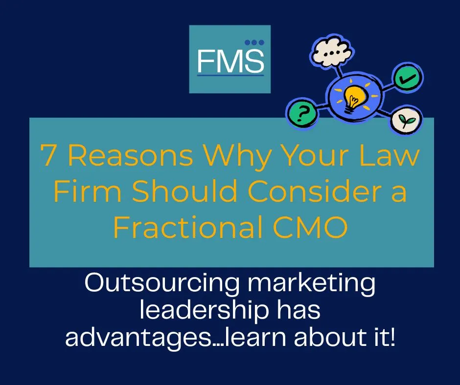 Blue graphic with text "7 Reasons Why Your Law Firm Should Consider a Fractional CMO." Includes icons and a logo. Marketing focus.