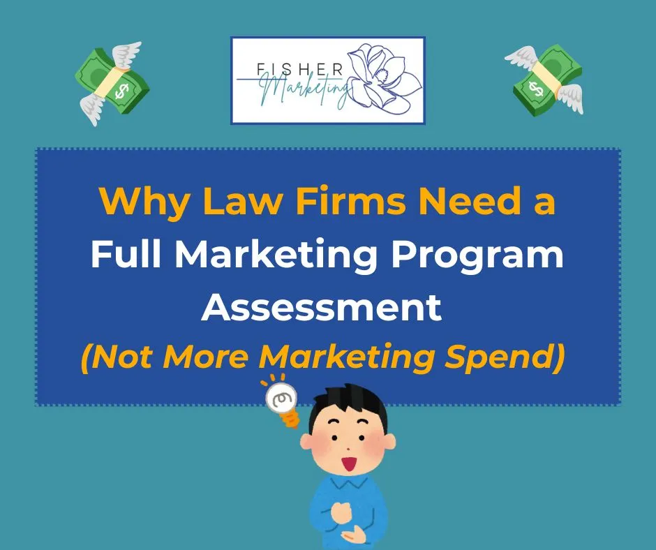 Man thinking with lightbulb, set against blue background with text: "Why Law Firms Need a Full Marketing Program Assessment (Not More Marketing Spend)."