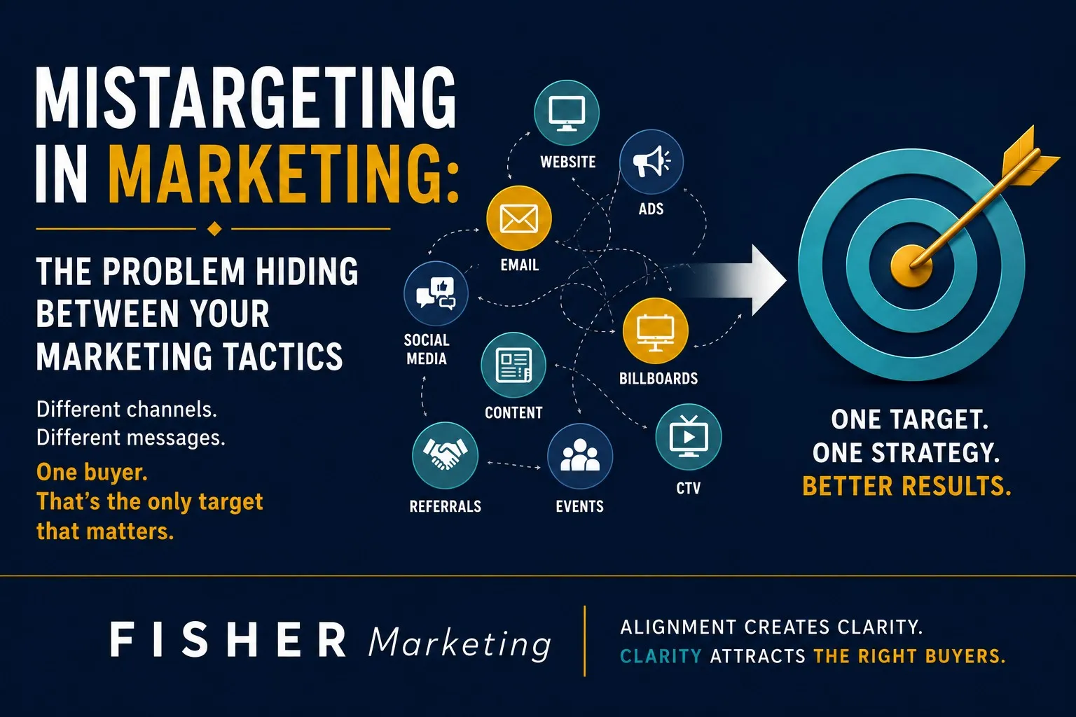 Marketing infographic about mistargeting, with icons for website, ads, email, social media and a bullseye target; Fisher Marketing.