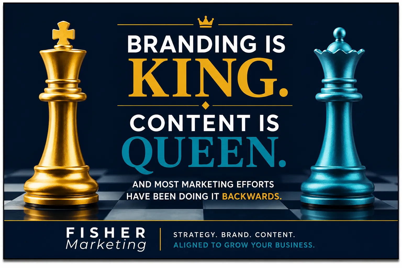 Marketing poster with gold and blue chess kings on a dark board, reading Branding is King. Content is Queen. Fisher Marketing.