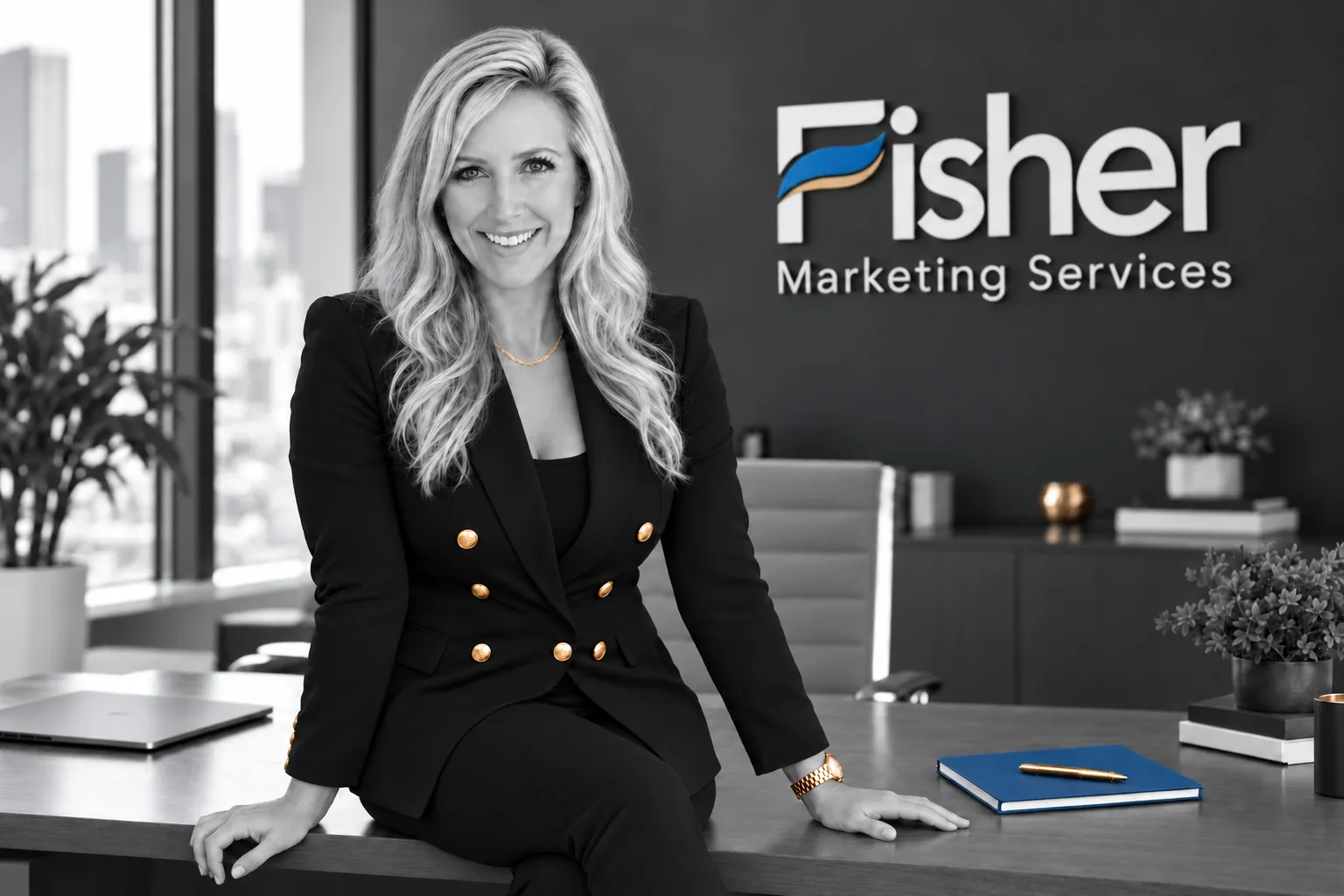 Julie Fisher in grayscale with brass blazer buttons, seated beside the blue and brass Fisher Marketing Services logo