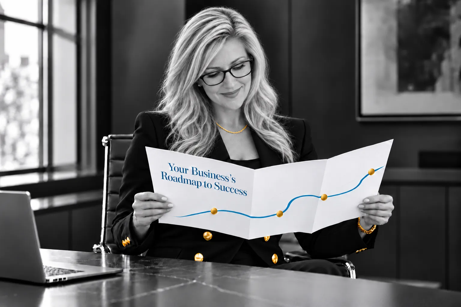 Julie Fisher wearing glasses and holding a business roadmap