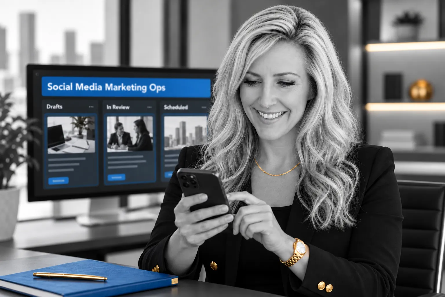Julie Fisher reviewing social media content on a phone beside a Social Media Marketing Ops dashboard